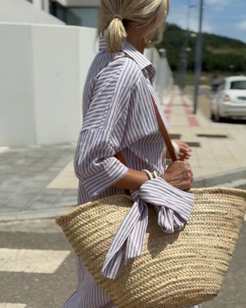 COLEN - VESTIDO CAMISERO CLÁSICO A RAYAS CON CORDONES