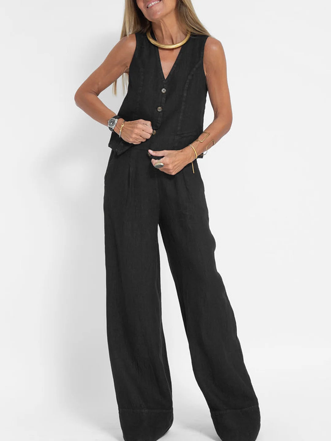 Jessica - Conjunto de Chaleco Abotonado y Pantalones de Pierna Ancha