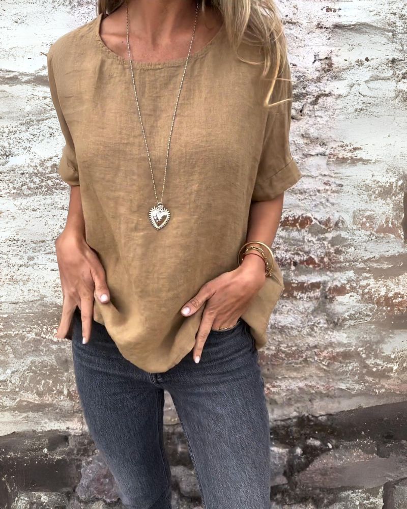 BAUA - Camiseta de Algodón y Lino con Cuello Redondo