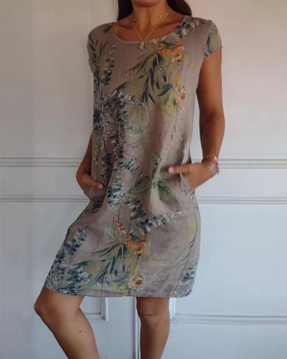 JOANA - VESTIDO IMPRESO DE ALGODÓN Y LINO CON CUELLO REDONDO