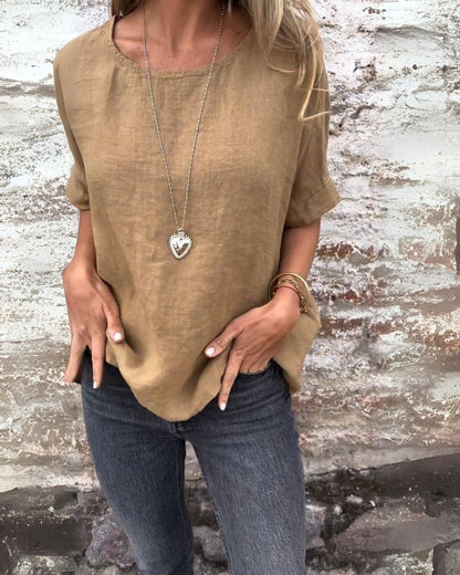 Dahlia - Camiseta Casual de Algodón y Lino con Cuello Redondo