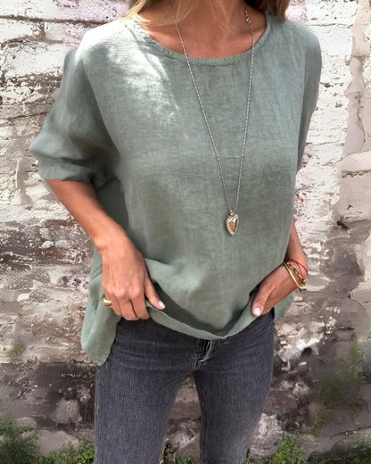 BAUA - Camiseta de Algodón y Lino con Cuello Redondo