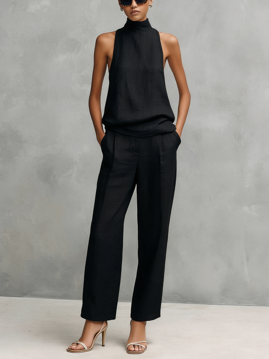 Conjunto de Top Sin Mangas y Pantalones Elegantes de Algodón y Lino Negro para Mujer