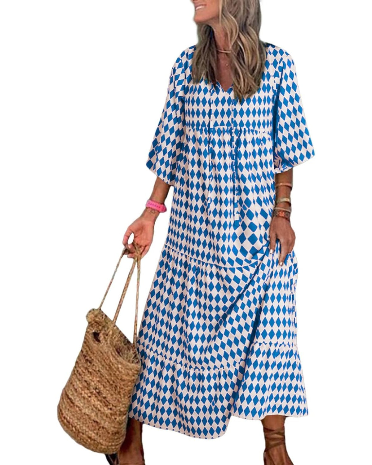 WINONA – VESTIDO MAXI GEOMÉTRICO BOHEMIO CON MANGAS ABULLONADAS PARA MUJER
