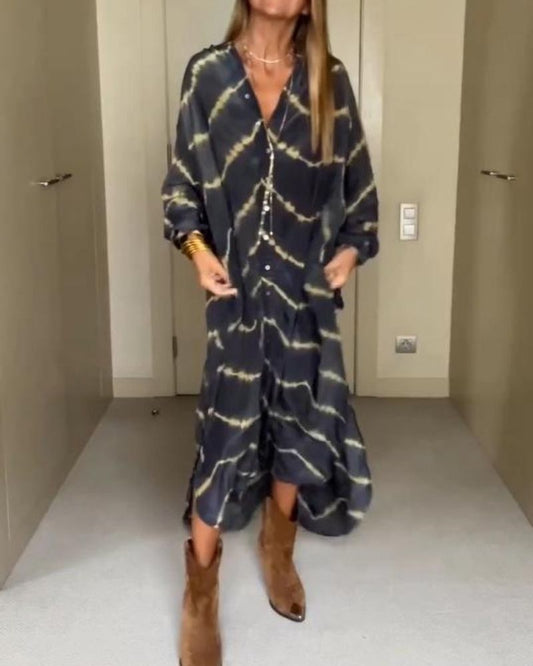 BOMEA - Vestido Largo de Manga Larga con Rayas Boho