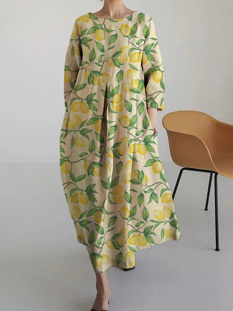 Basil - Vestido Midi Suelto con Estampado de Limón a la Moda