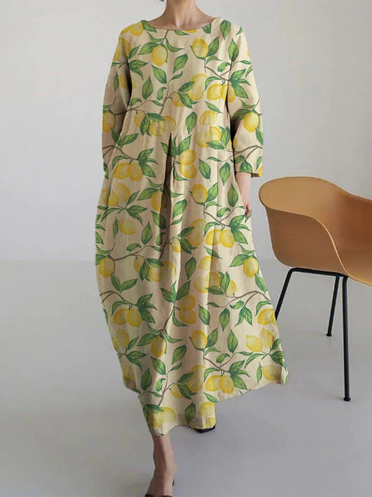 Basil - Vestido Midi Suelto con Estampado de Limón a la Moda