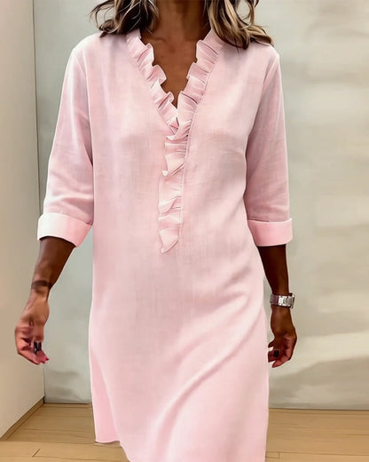 Vestido Sólido con Volantes y Cuello en V