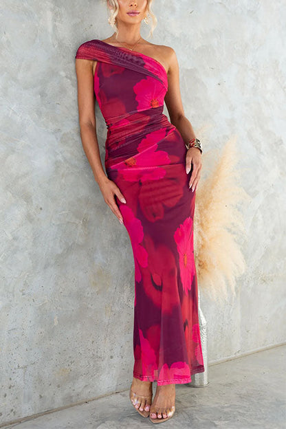 Vestido Maxi Bodycon de Malla con Estampado Floral de Un Solo Hombro