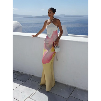 Ismena - Elegante Vestido Maxi Floral con Cuello Asimétrico