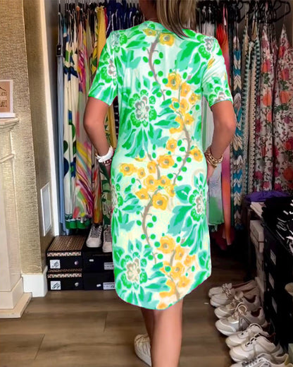 Ivendra | Vestido de Manga Corta con Estampado Floral