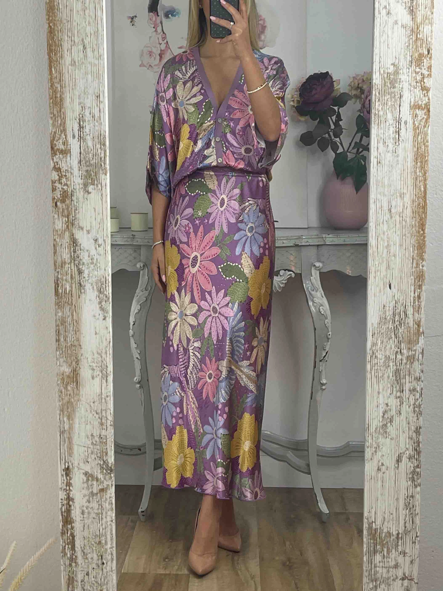 Camisa Exquisita de Satén con Estampado Floral sin Hombros