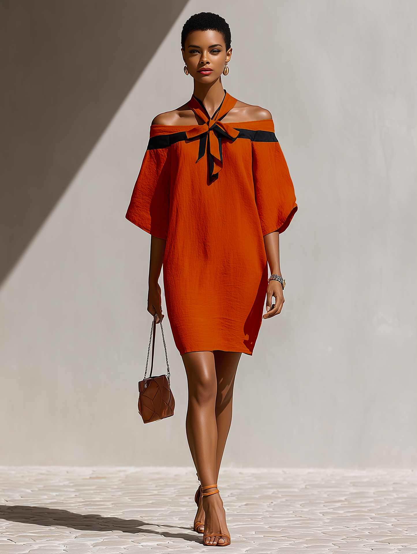 Vestido Mini Naranja Mujer Off-Shoulder Con Detalle de Cuello con Lazo Negro