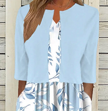 Vestido Midi Único con Estampado de Plantas en Azul y Chaqueta
