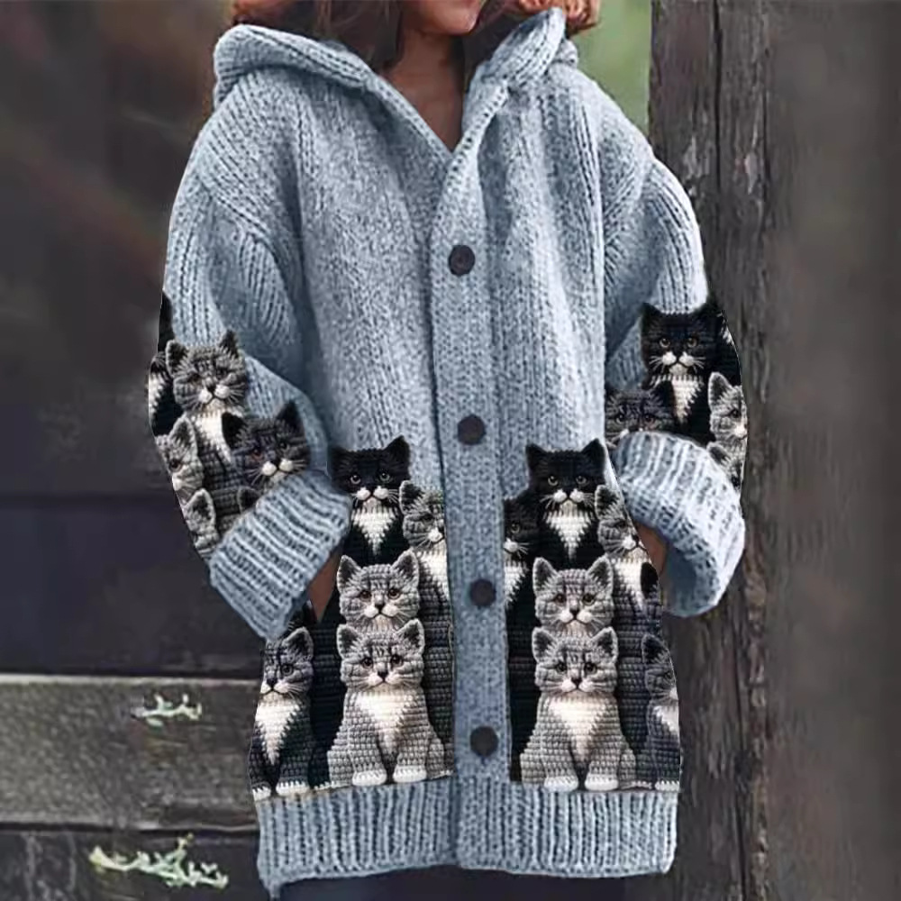Jasmin - Cárdigan de Punto Acogedor con Estampado de Gatos