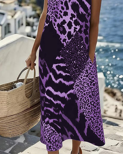 Vestido Sin Mangas Largas de Estampado de Leopardo en Patchwork