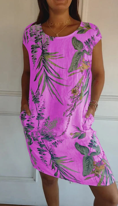Vestido de verano estampado de algodón y lino para mujeres con bolsillos