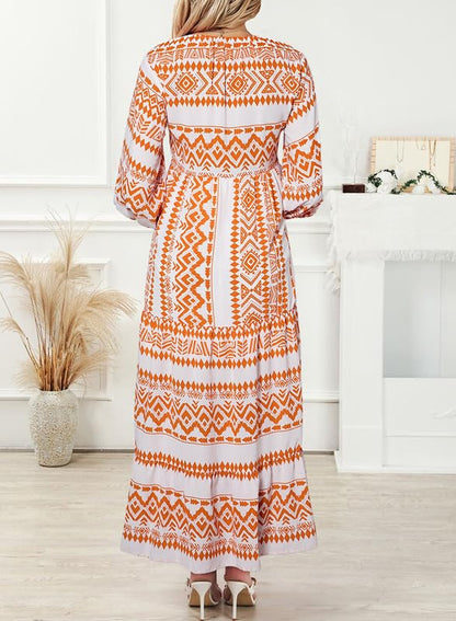 WINONA – VESTIDO MAXI GEOMÉTRICO BOHEMIO CON MANGAS ABULLONADAS PARA MUJER
