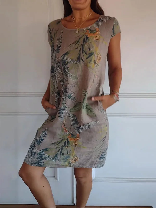 Vestido de verano estampado de algodón y lino para mujeres con bolsillos