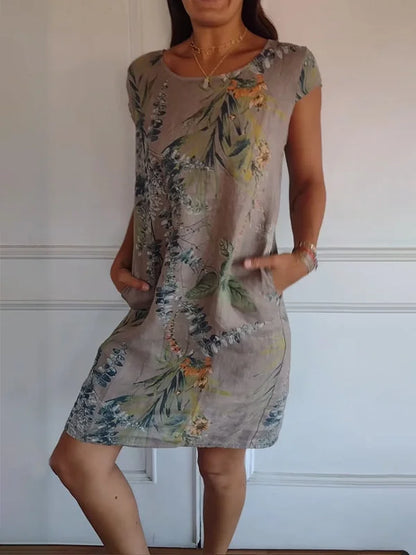 Vestido de verano estampado de algodón y lino para mujeres con bolsillos