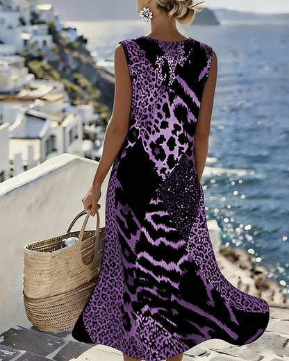 Vestido Sin Mangas Largas de Estampado de Leopardo en Patchwork