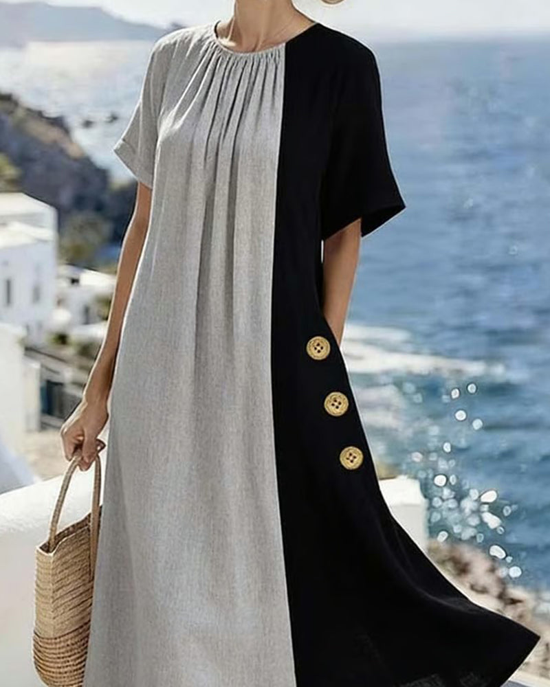 Vestido largo casual con cuello redondo y color en contraste