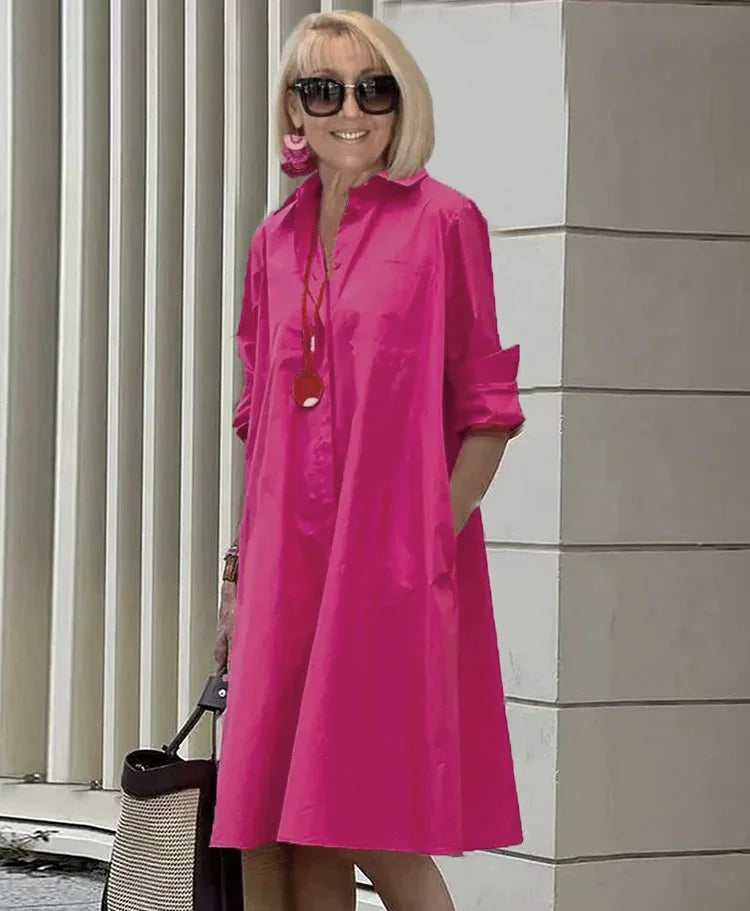 Vireya - Vestido Midi con Cuello de Camisa y Bolsillos
