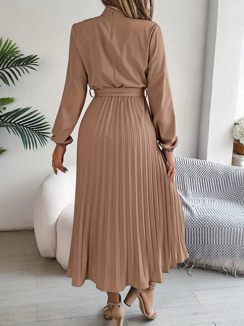 Vestido Midi Plisado de Manga Larga para Mujeres con Cintura con Cinturón