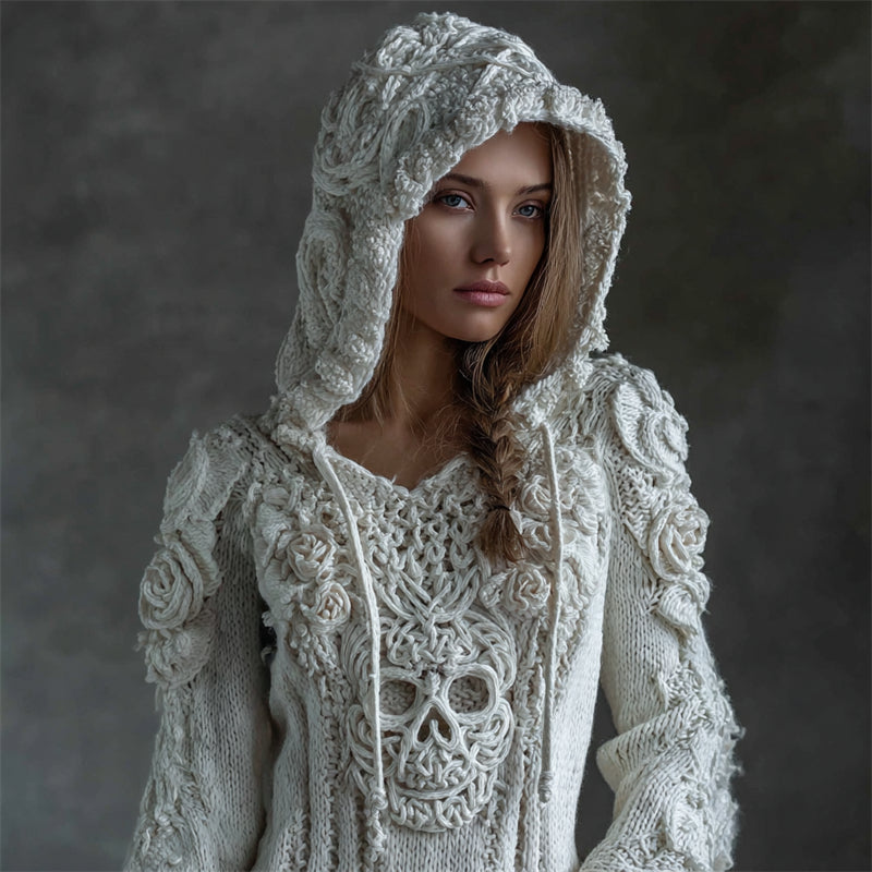 Suéter de punto acogedor con capucha de calavera celta vikinga y rosas blancas vintage