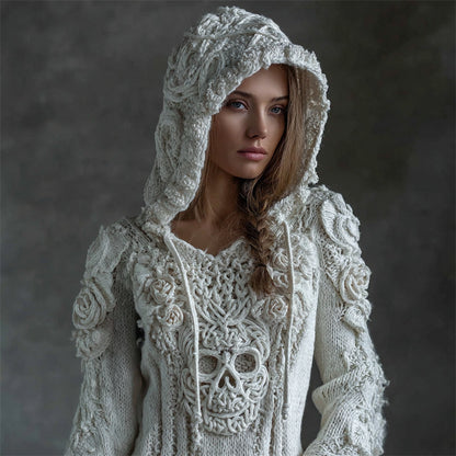 Suéter de punto acogedor con capucha de calavera celta vikinga y rosas blancas vintage
