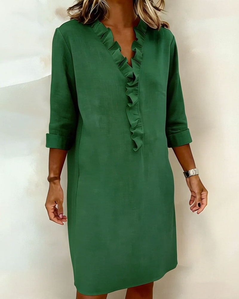 Vestido Sólido con Volantes y Cuello en V