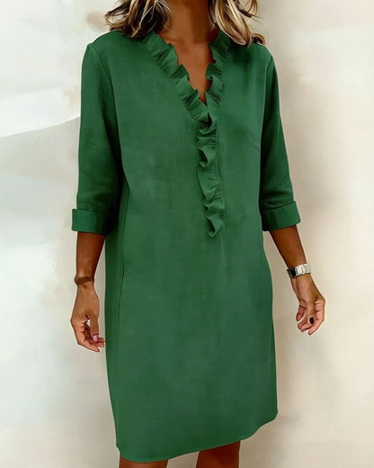 Vestido Sólido con Volantes y Cuello en V