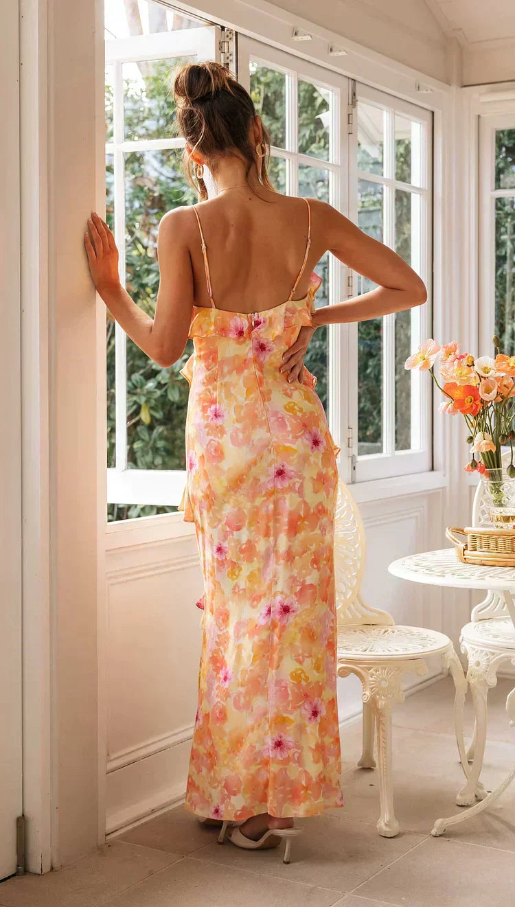 Luneth - Vestido Maxi Sin Espalda con Escote en V Floral