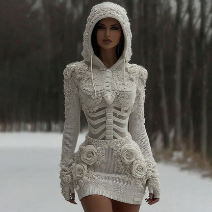 Suéter de punto con capucha de parche de rosa blanca y calavera vintage para mujer