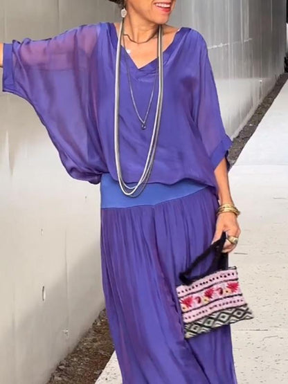 ESMERALDA – CONJUNTO DE PANTALONES ANCHOS DE CHIFFON ELEGANTE DE DOS PIEZAS