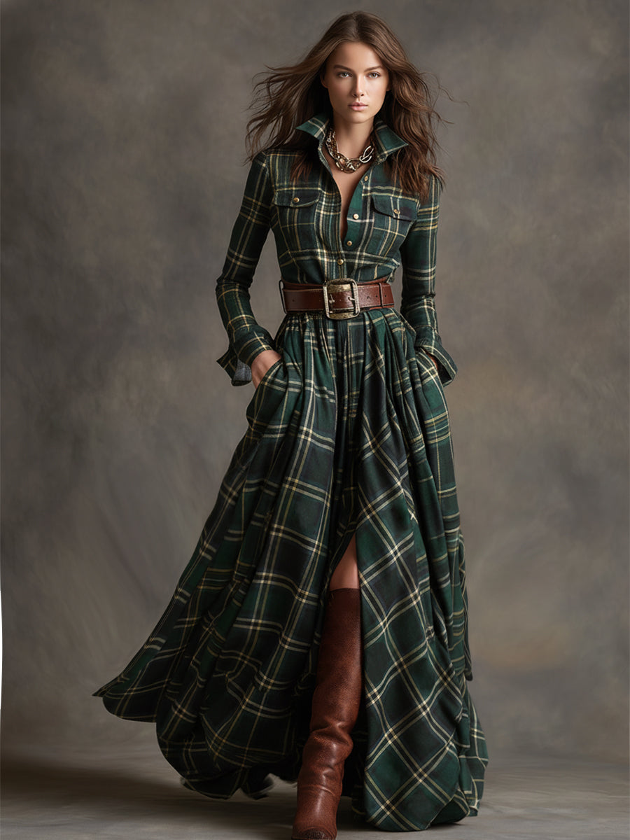 Giulia - Vestido largo de cuadros en marrón rojizo con cuello y estilo étnico retro