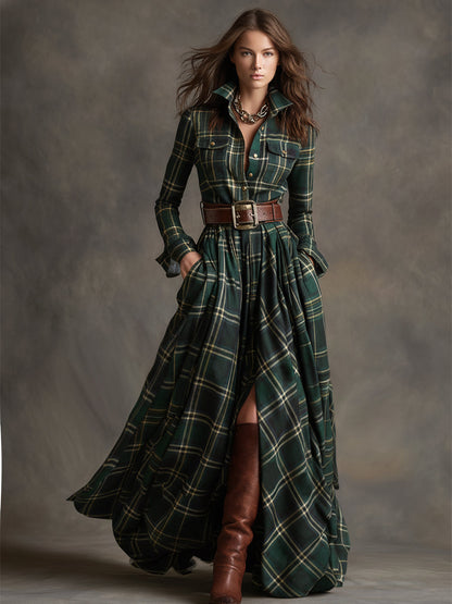 Giulia - Vestido largo de cuadros en marrón rojizo con cuello y estilo étnico retro