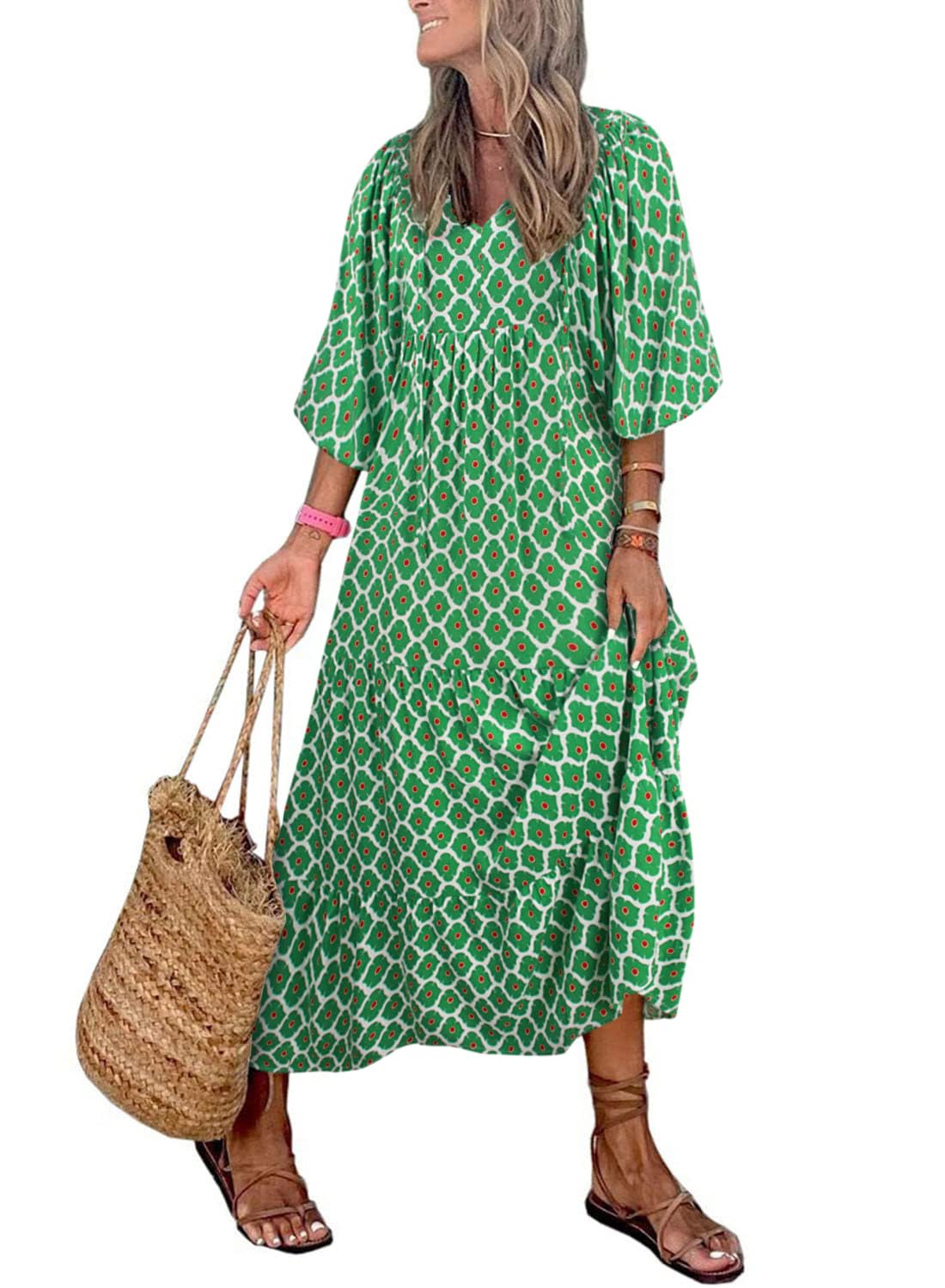 WINONA – VESTIDO MAXI GEOMÉTRICO BOHEMIO CON MANGAS ABULLONADAS PARA MUJER