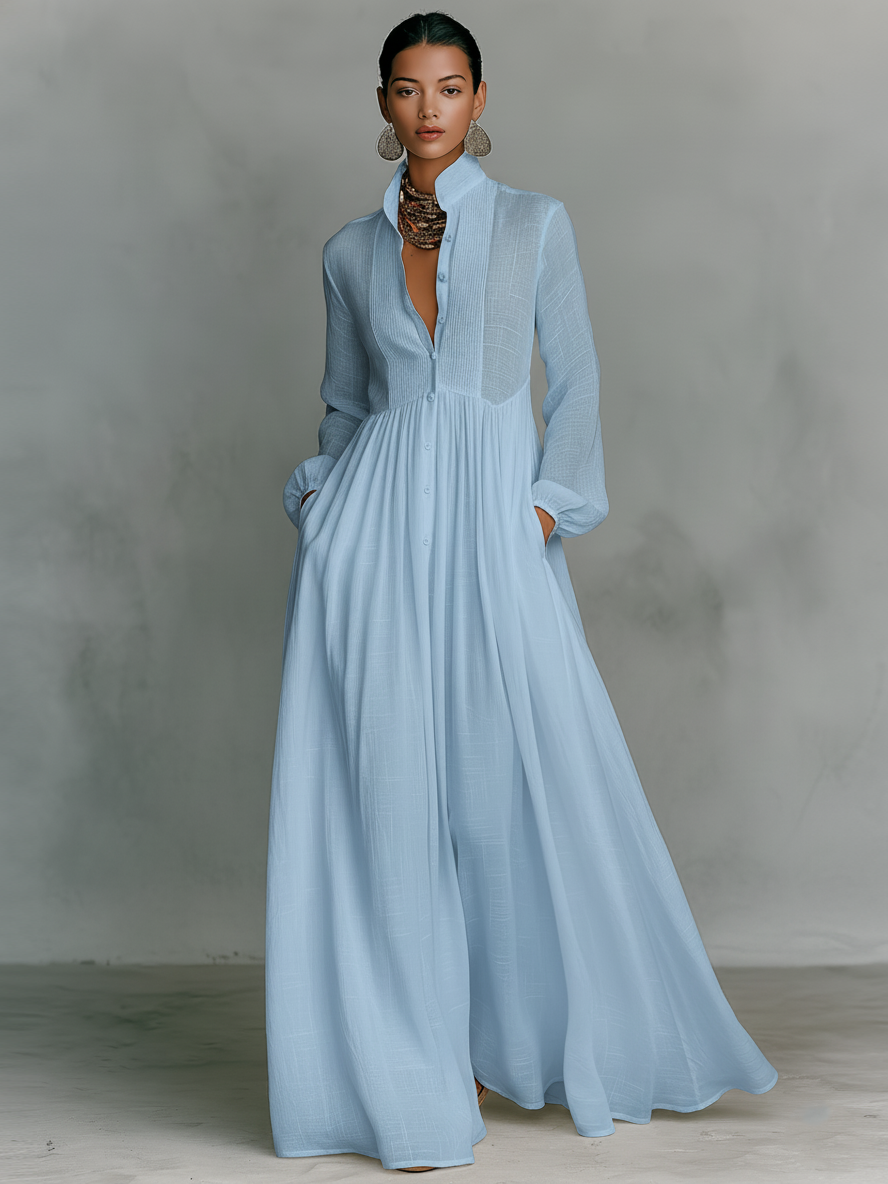 Vestido Maxi Minimalista de Algodón y Lino con Paneles de Patchwork, Cuello Alto y Mangas Largas