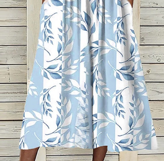 Vestido Midi Único con Estampado de Plantas Azules y Chaqueta