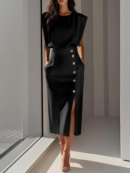 Malene™ | Vestido Midi Sólido con Abertura de Botones y Escote Redondo