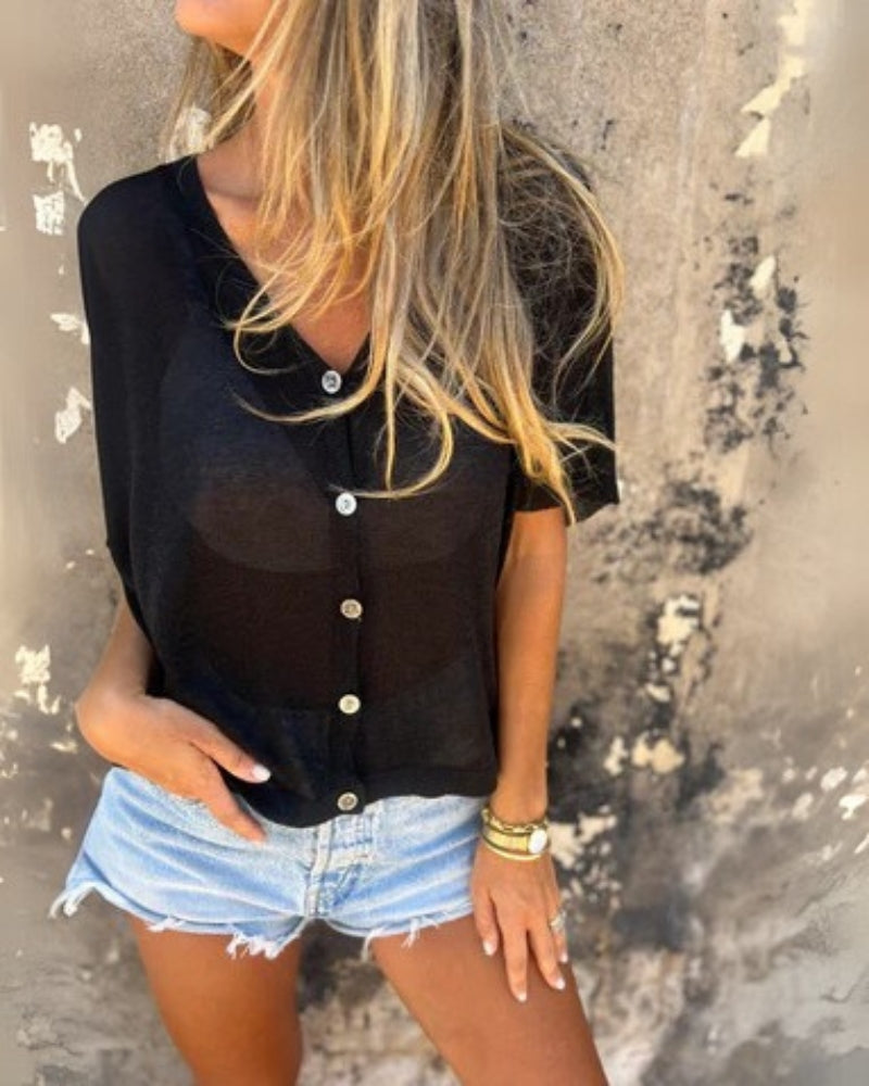 Hadley - Camisa Casual Relajada con Cuello en V y Mangas Cortas