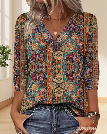 Blusa Retro Estampada V-Cuello
