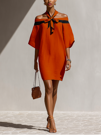 Vestido Mini Naranja Mujer Off-Shoulder Con Detalle de Cuello con Lazo Negro