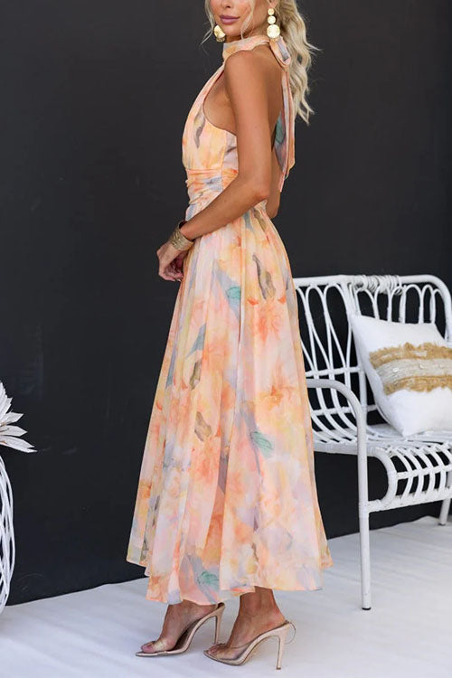 Vestido Maxi de Tirantes con Espalda Abierta y Estampado Acuarela