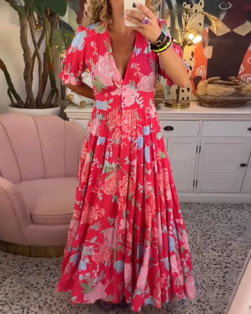 Catrisa ~ Vestido Floral con Escote en V y Bolsillos