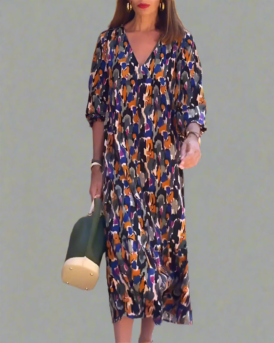 Walburga | Vestido Maxi Retro con Escote en V y Comodidad Elegante