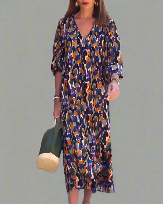 Walburga | Vestido Maxi Retro con Escote en V y Comodidad Elegante