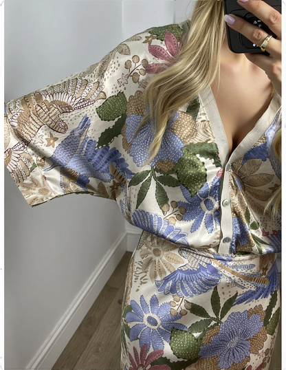 Camisa Exquisita de Satén con Estampado Floral sin Hombros