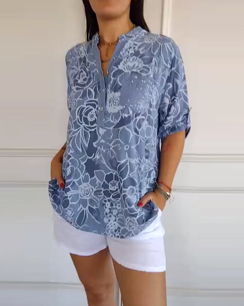 Blusa Estampada Abotonada con Cuello en V